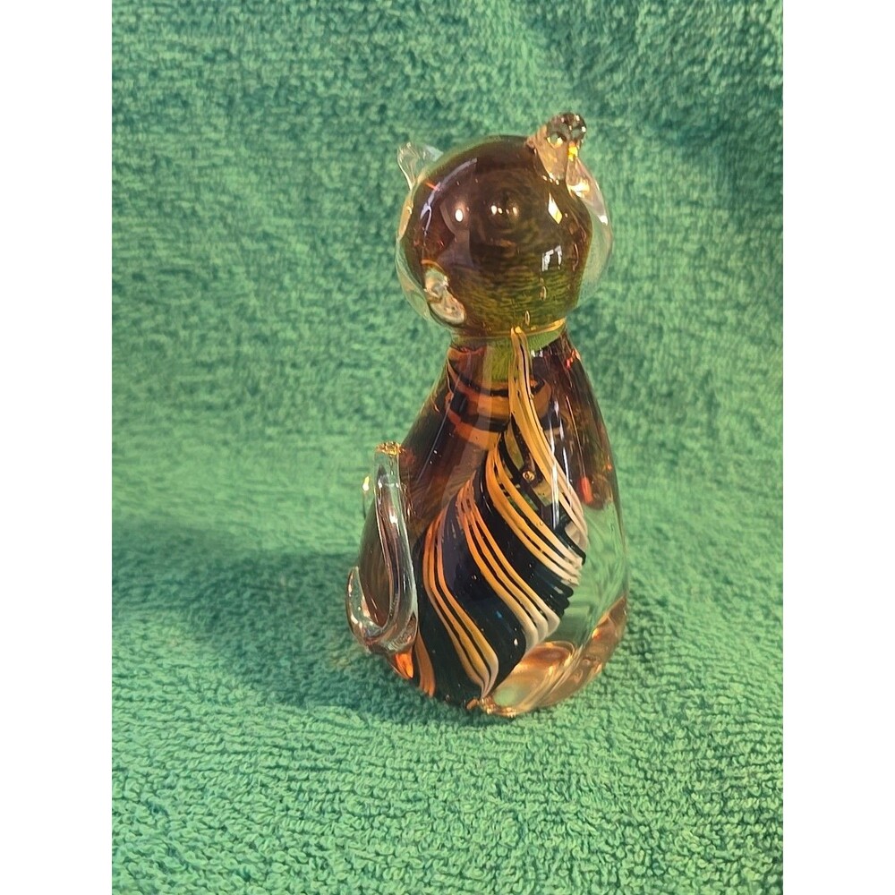 Murano Style Glass Cat Paperweight Amber w/ Blue White Swirl - Picture 2 of 7